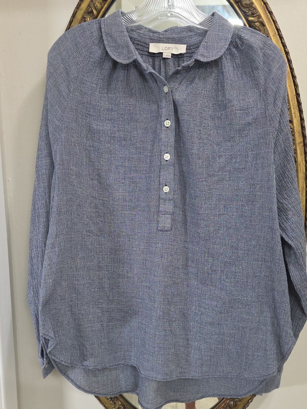 LOFT Blue Textured Button Henley Blouse Gathered Neck Size L Long Sleeve Roomy